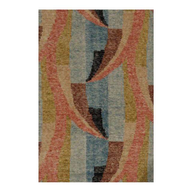 Rug & Kilim’s Distressed Deco Style Rug in Blue & Beige-Brown Geometric Patterns For Sale