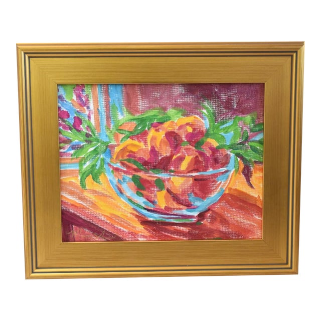 Impressionist Bowl Fruit Peaches Painting Including the Antiqued Gold Wood Frame For Sale