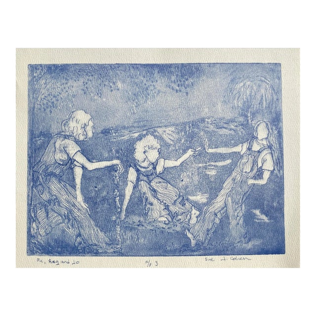 Sue Cohen Me Reg & Jo Figural Blue Etching For Sale