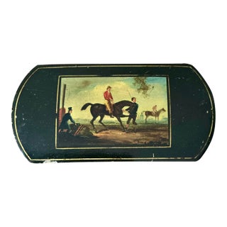An Early 19th German Stobwasser Type Painted Lacquer Card Case of Racing Theme For Sale