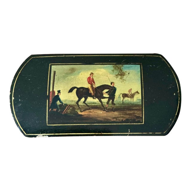 An Early 19th German Stobwasser Type Painted Lacquer Card Case of Racing Theme For Sale