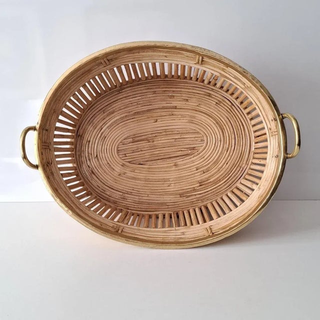Oval Serving Basket in Rattan and Brass, 1970s For Sale - Image 11 of 13