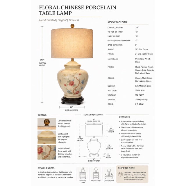 Contemporary Late 20th Century Hand-Painted Floral Porcelain Table Lamp With Linen Drum Shade — 28” For Sale - Image 3 of 5