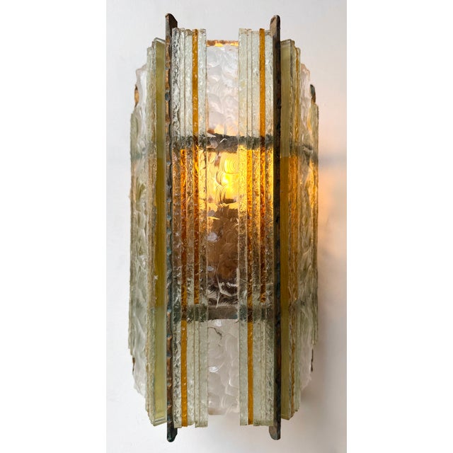 Pair of Mid-Century Modern wall lamps light sconces yellow amber and clear hammered glass and wrought iron, gilding gold...