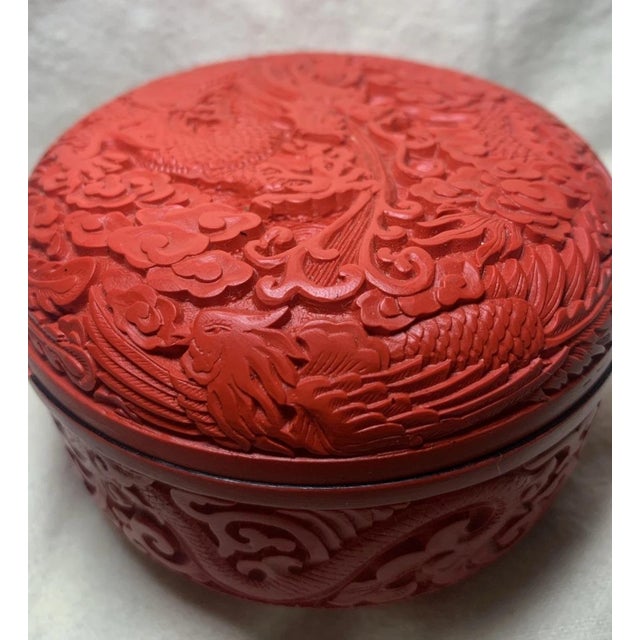 Vintage Chinese Carved Red Cinnabar Style Trinket Box With Dragons Motif For Sale - Image 4 of 10