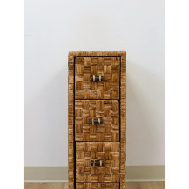 Wicker Parquetry Apothecary Narrow Four Drawer Chest Metal Base Coastal For Sale - Image 4 of 10