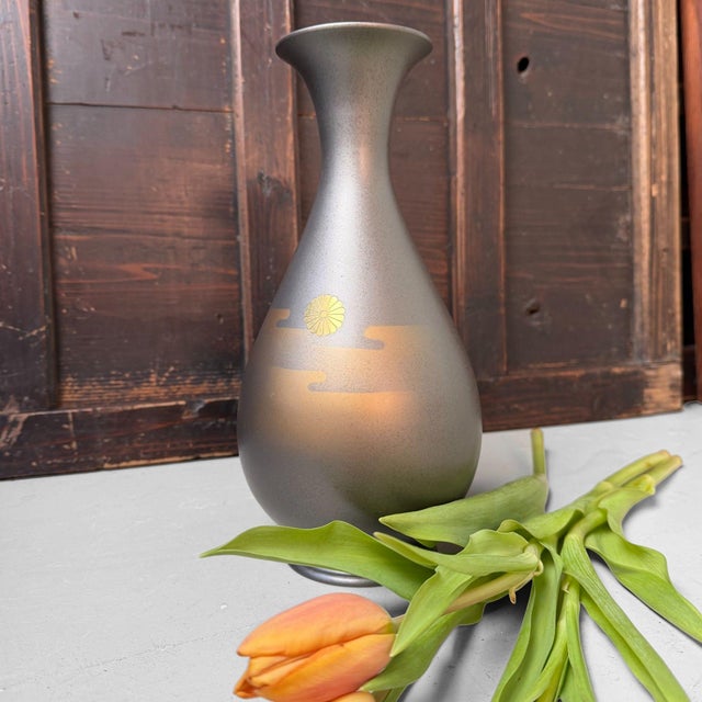 Mid-Century Modern Japanese Metal Vase with Chrysanthemum Motif from Takaoka, 1970s For Sale - Image 3 of 11