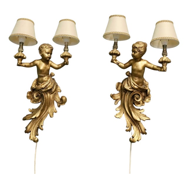 Baroque Style Gilt Cherub Wall Lights, 1900, Set of 2 For Sale