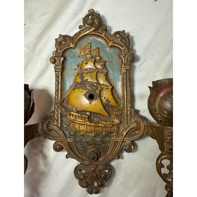 Antique Lincoln Spanish Galleon Electric Wall Sconces Fixtures Ship - a Pair For Sale - Image 9 of 11