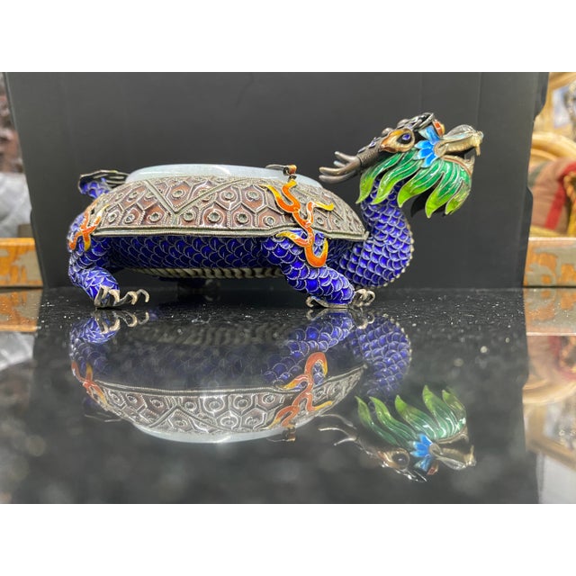 Jade 1920s Sterling Silver Enamel Dragon Cloisonné Ashtray Jade Rim For Sale - Image 8 of 8