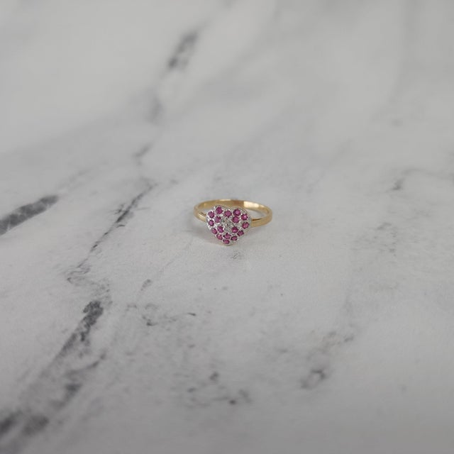 Heart Shaped Ruby Diamond Pave Ring 10k Yellow Gold, Size 4 For Sale - Image 4 of 5