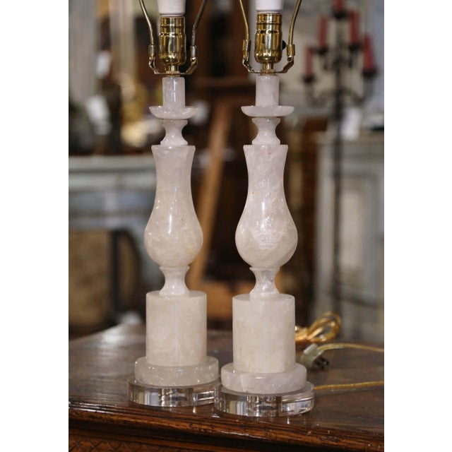 Gemstone Pair of Carved Rock Crystal Table Lamps on Acrylic Bases For Sale - Image 7 of 9