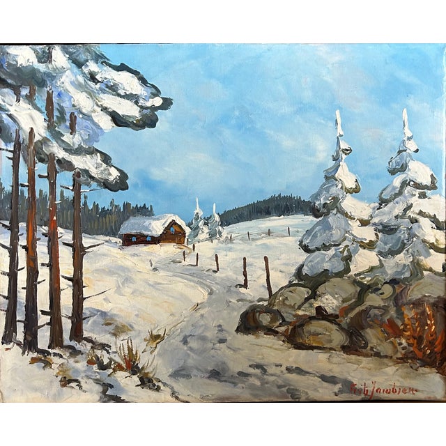 Vintage Framed Winter Scene Landscape - Acrylic on Canvas. Impressionistic oil painting depicting a winter landscape with...