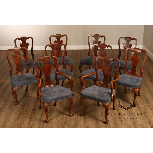 High Quality Vintage Set of Ten Burl Walnut Dining Chairs with Shaped Splat, Shell-Carved Legs and Ball and Claw Feet,...