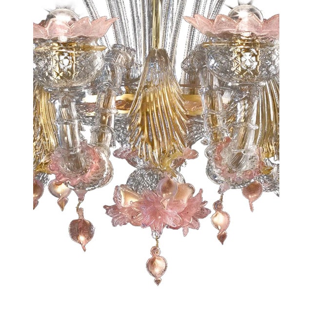Metal Early 21st Century Venetian Gold and Pink Floral Murano Glass Chandelier For Sale - Image 7 of 13