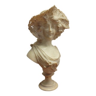 Antique Victorian Alabaster Stone Hand-Carved and Signed Bust of a Woman For Sale