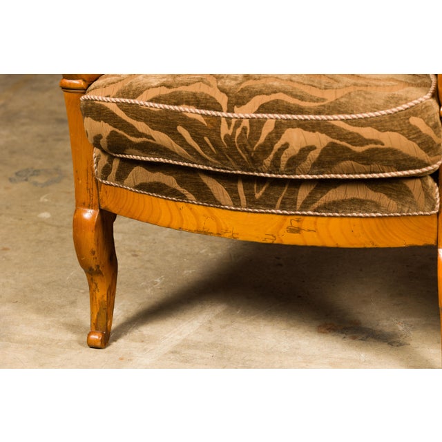 French Walnut 19th Century Bergère Chairs with Carved Arms and Zebra Upholstery For Sale - Image 4 of 12