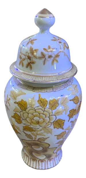 Vintage Andrea by Sadek Porcelain Japanese Gold/Yellow Lidded Chinoiserie Ginger Jar Vase