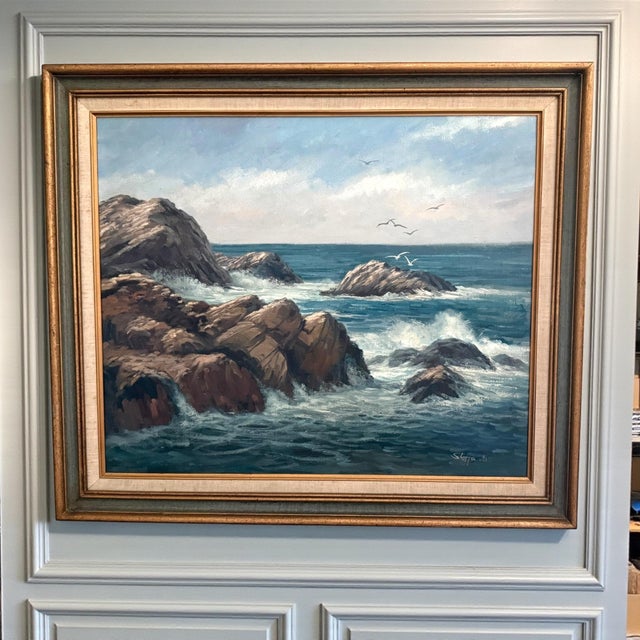 A striking vintage seascape painting by Michael Stoffa, signed and dated 1981, featuring expressive brushwork and an...