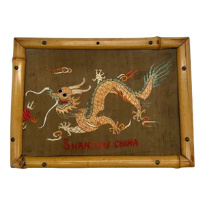 1940s Post War Embroidered Silk Art Imperial Chinese Dragon in Bamboo Frame