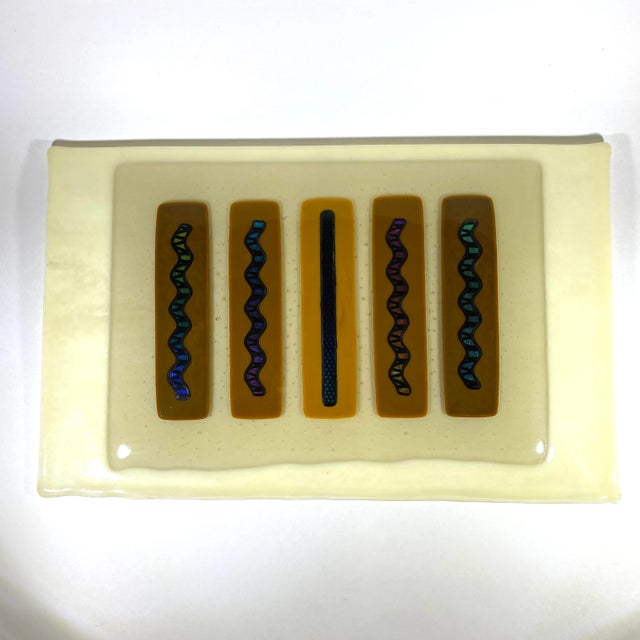 Mid-Century Modern 1970's Cream Fused Dichroic Art Glass Wall Art Plate Plaque For Sale - Image 3 of 9