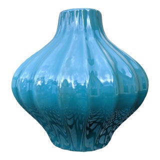 Contemporary Modern Ribbed Turquoise Blue Bulbous Urchin Vessel Vase For Sale