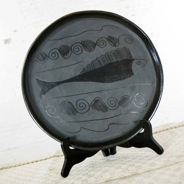 Vintage Black Clay Barro Negro Pottery Hot Chocolate Set Oaxaca Mexico 4 Mugs and Fish Tray - 6 pcs For Sale - Image 11 of 13
