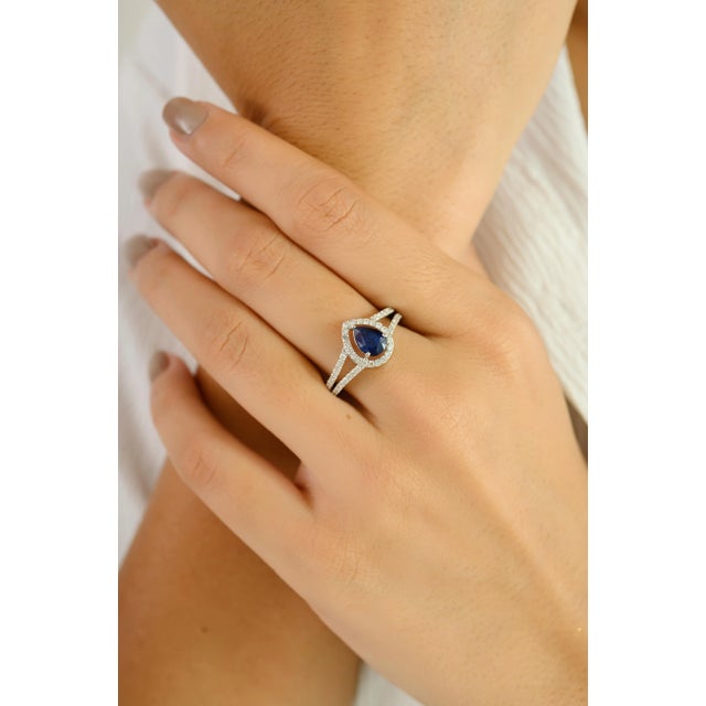 American 14k White Gold Sapphire Diamond Pear Engagement Ring Size 5.5 For Sale - Image 3 of 12