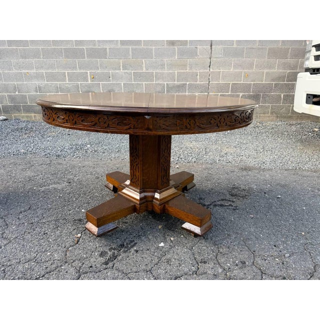 Antique Hand Carved Tiger Oak Pedestal Base Dining Table. For Sale - Image 4 of 17