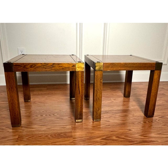 Campaign Style Parquet Solid Wood & Brass Side Tables, a Pair For Sale - Image 9 of 10