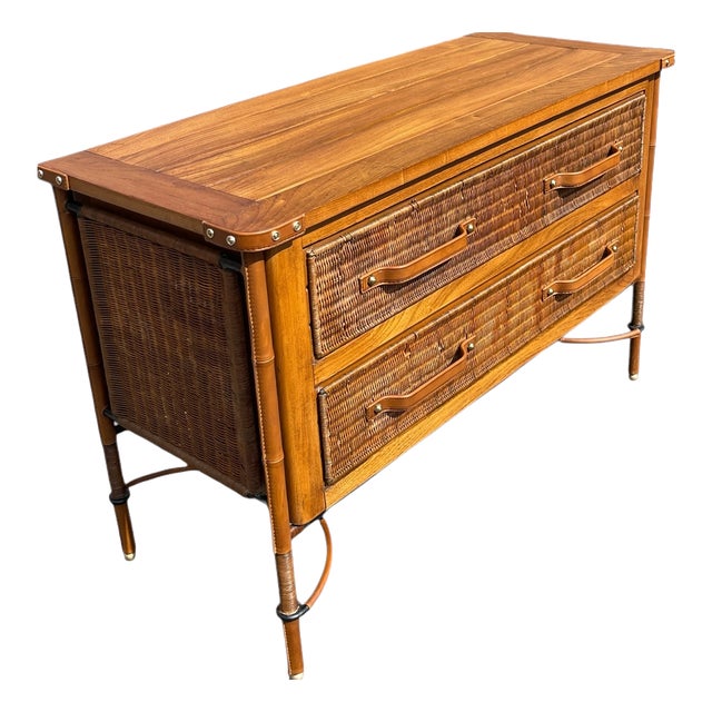 Stitched Leather and Rattan Chest of Drawers by Jacques Adnet, 1955 For Sale