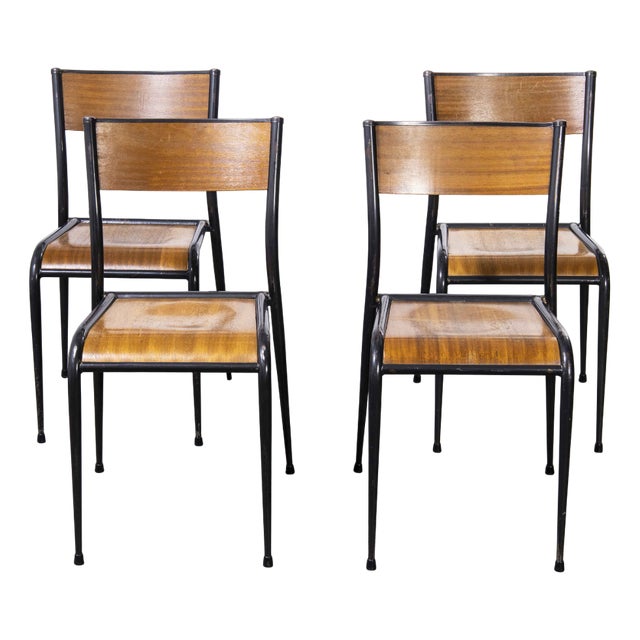 French Black Tapered Leg School Dining Chairs from Mullca, 1950s, Set of 4 For Sale