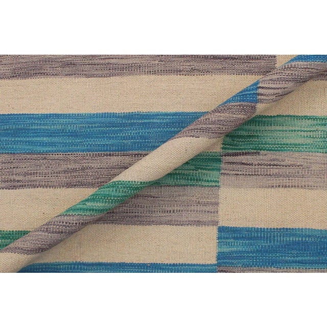 2010s Boho Chic Kilim Blue Beige Wool Rug - 6'5" X 9'7" For Sale - Image 5 of 8