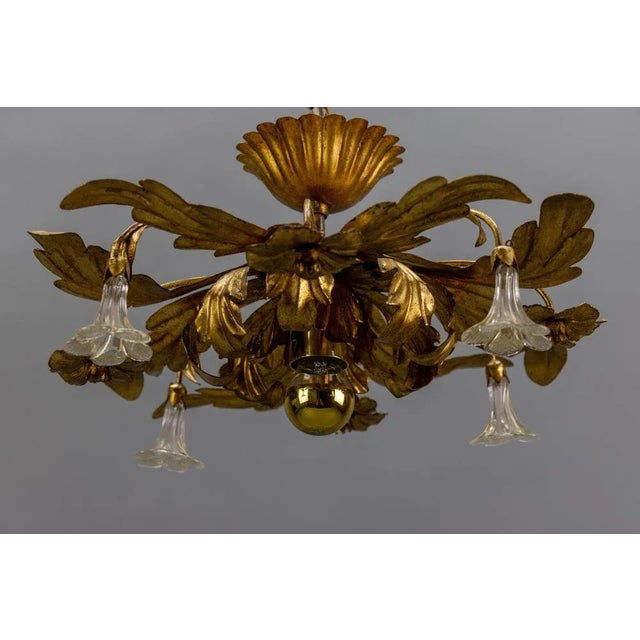 Italian Hollywood Regency Gilt Metal and Glass Flower Ceiling Light, 1970s For Sale - Image 12 of 18