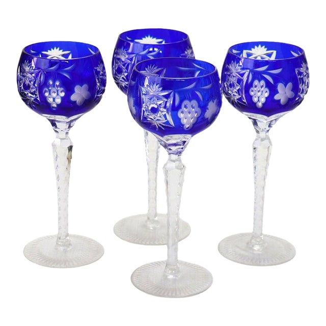Four Antique Bohemian Cobalt Blue Floral & Grape Cut to Clear Crystal Goblets For Sale