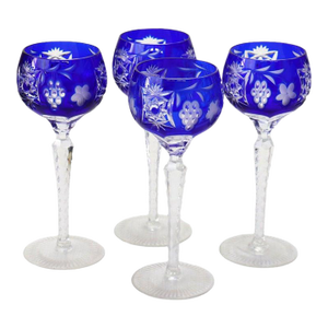 Four Antique Bohemian Cobalt Blue Floral & Grape Cut to Clear Crystal Goblets