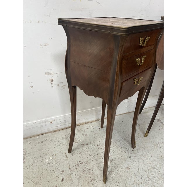 Small Louis XV Style Marquetry Commodes with Marble Tops, 1900s, Set of 2 For Sale - Image 10 of 13