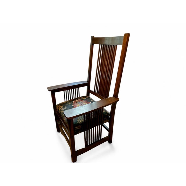 2000 - 2009 Pair of Stickley Handcraft Craftsman Mission Oak Armchairs With Original Upholstered Seats For Sale - Image 5 of 7