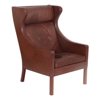 Model 2204 Wing Chair in Brown Leather by Børge Mogensen for Fredericia, 1974 For Sale