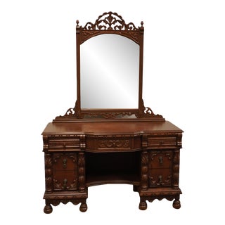 Vintage Antique Walnut Louis XVI French Provincial 50" Vanity W. Carved Mirror For Sale