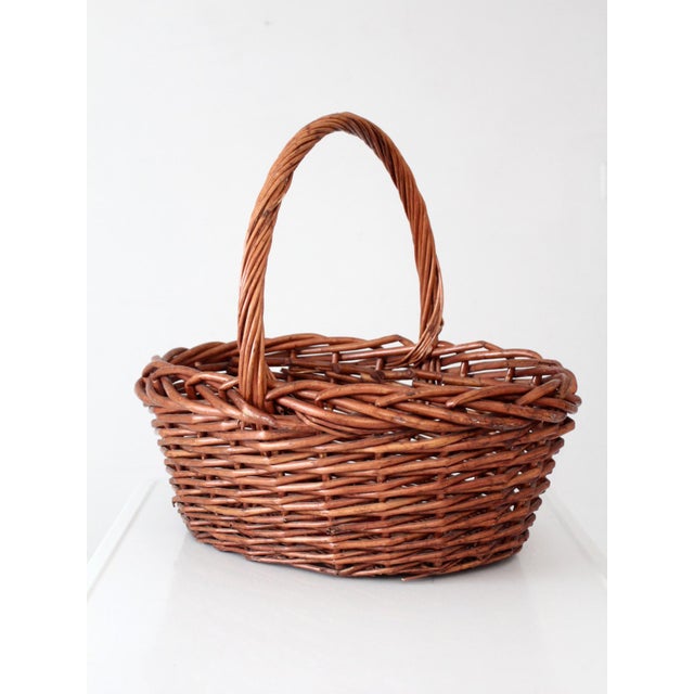 Wood Vintage Large Willow Gathering Basket With Tall Handle For Sale - Image 7 of 16
