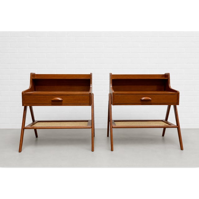 Mid-Century Modern Pair of Mid Century Modern Handcrafted Caned Cabinets | Teak Bedside Tables For Sale - Image 3 of 12
