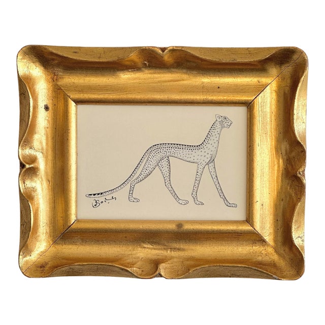 Original Hand-Painted Folk Cheetah Painting, Framed For Sale