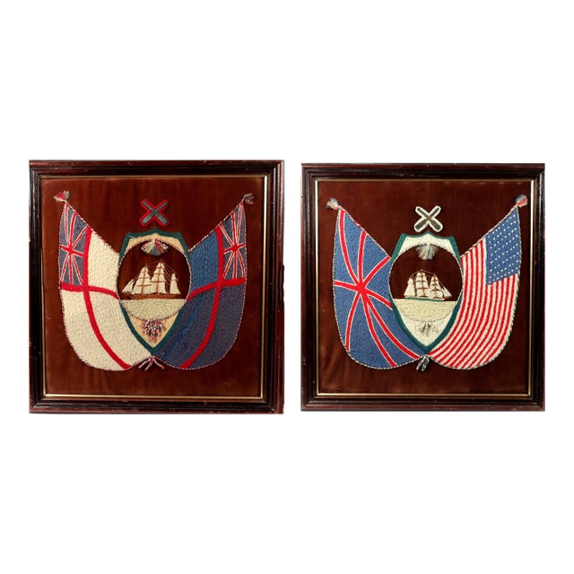 Sailor's Woolworks, Rare Square Pair on Velvet With Union Jack, Stars and Stripes and Royal Navy Ensigns For Sale