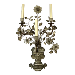 1930s Maison Bagues Silvered Iron, Rock Crystal & Cut Glass Mirrored Three Light Wall Sconce Applique