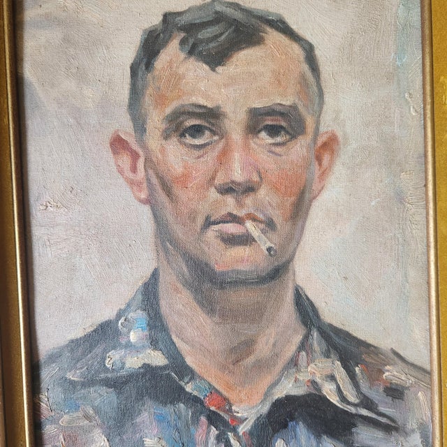 A beautifully executed oil on canvas portrait painting of a smoking man. In original frame. Unsigned