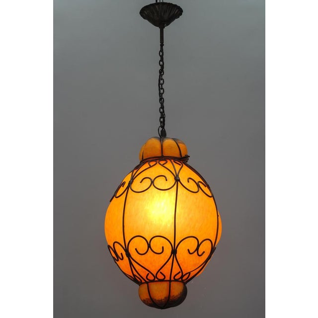 Venetian Style Pâte de Verre Glass Metal Caged Lantern Pendant Light For Sale - Image 3 of 18
