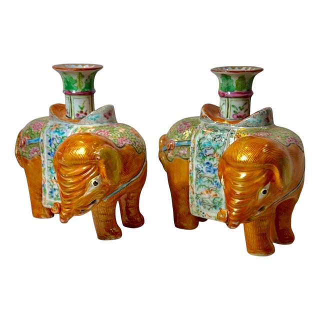 19th Century Chinese Export Rose Mandarin Porcelain Elephant Candlesticks - A Pair For Sale