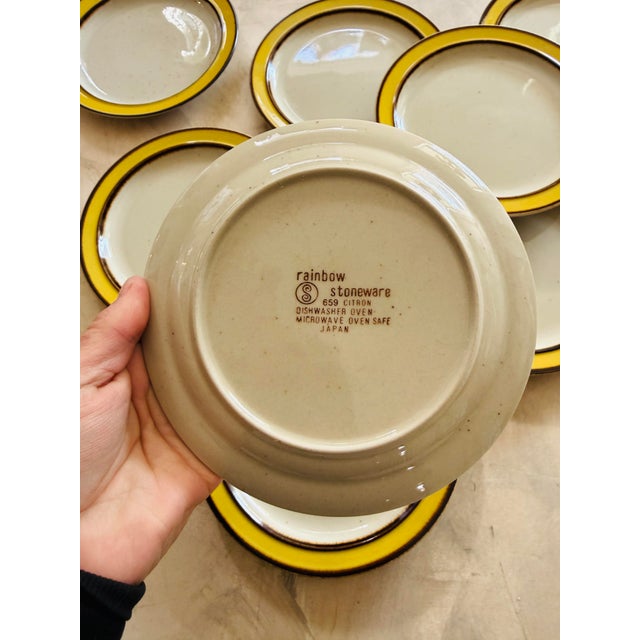 Vintage Mid-Century Modern Rainbow Stoneware Salad Plates – Citron Pattern, Set of 7 For Sale In Chicago - Image 6 of 9