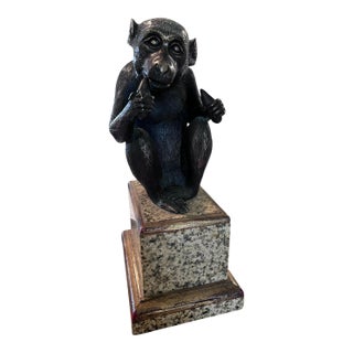 Vintage Maitland-Smith Bronze Monkey Sculpture on Stone Pedestal For Sale